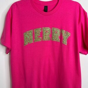 MERRY Collegiate Glitter Holiday Short Sleeve Tee - Pink/Green